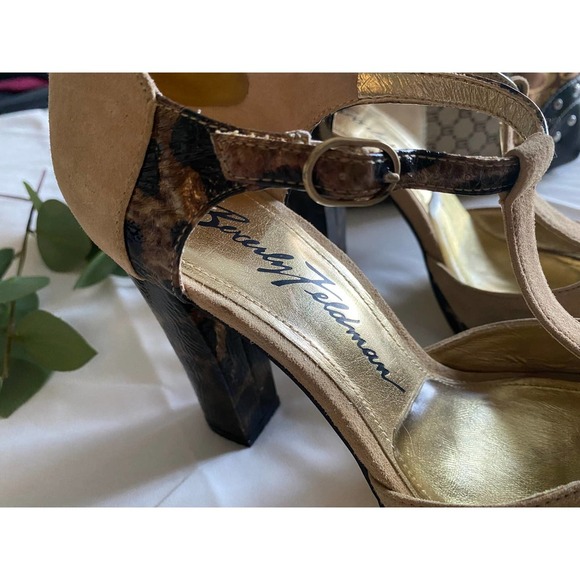 Block Heels Pumps 7.5 Peep Toe Suede Leopard UNIQUE - Picture 4 of 9